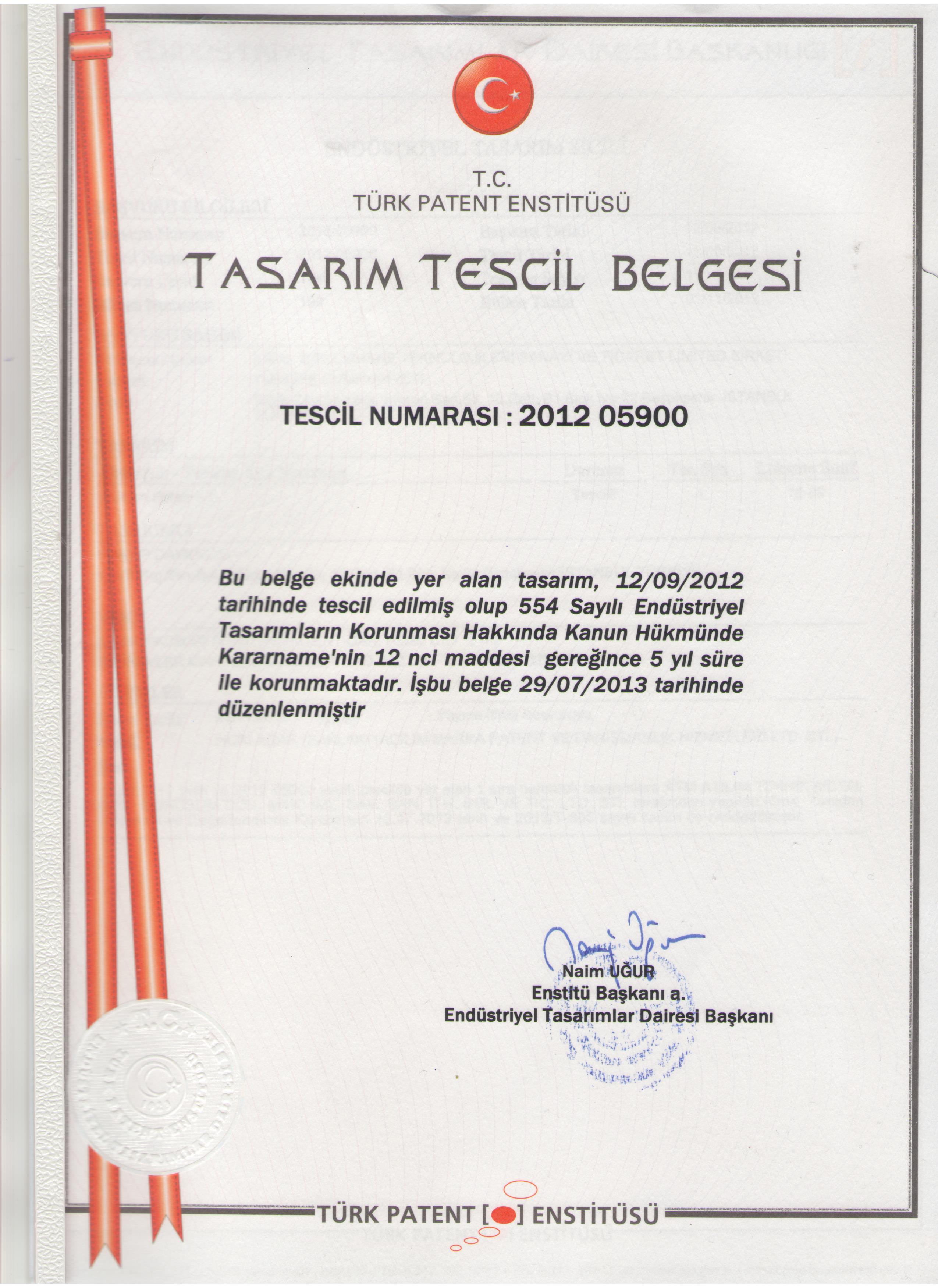 Tasarım Tescil Belgesi